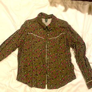 Olive green with floral long sleeve button up blouse